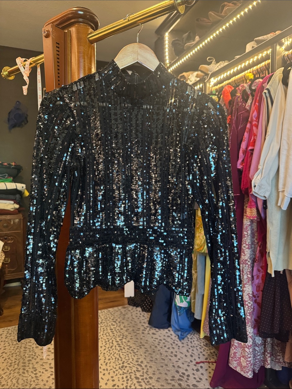 10 Crosby Derek Lam Black Sequined Mock Neck Long-Sleeve Top